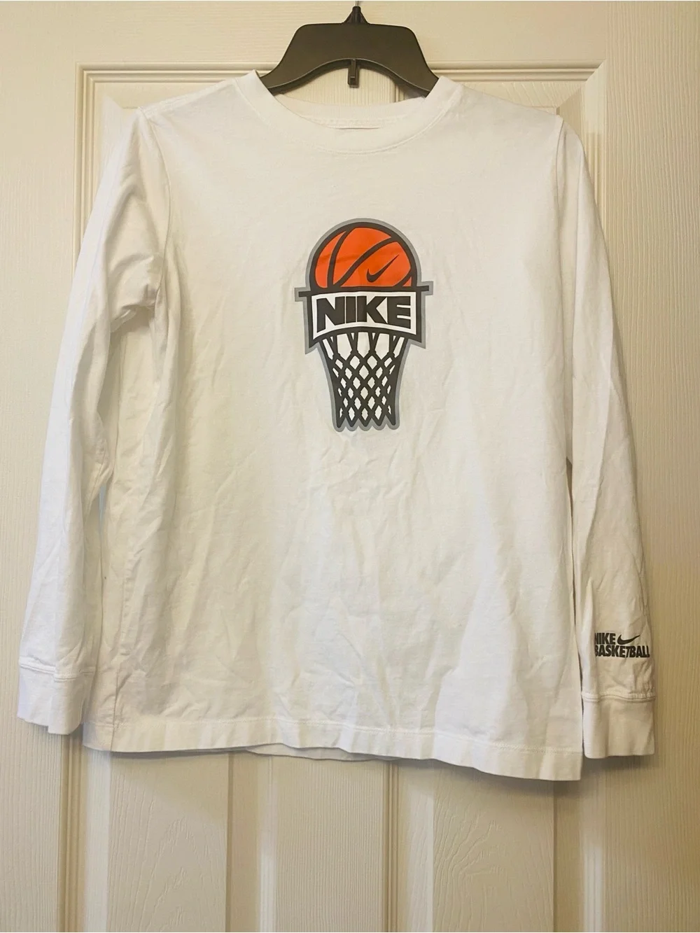 Nike White Long-Sleeve Tee with Orange Basketball Graphic